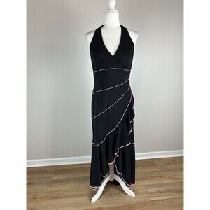 Vintage Y2K Maxi Dress Black Pink Ruffle Halter Tango Event Gown Whimsigoth Sz M
